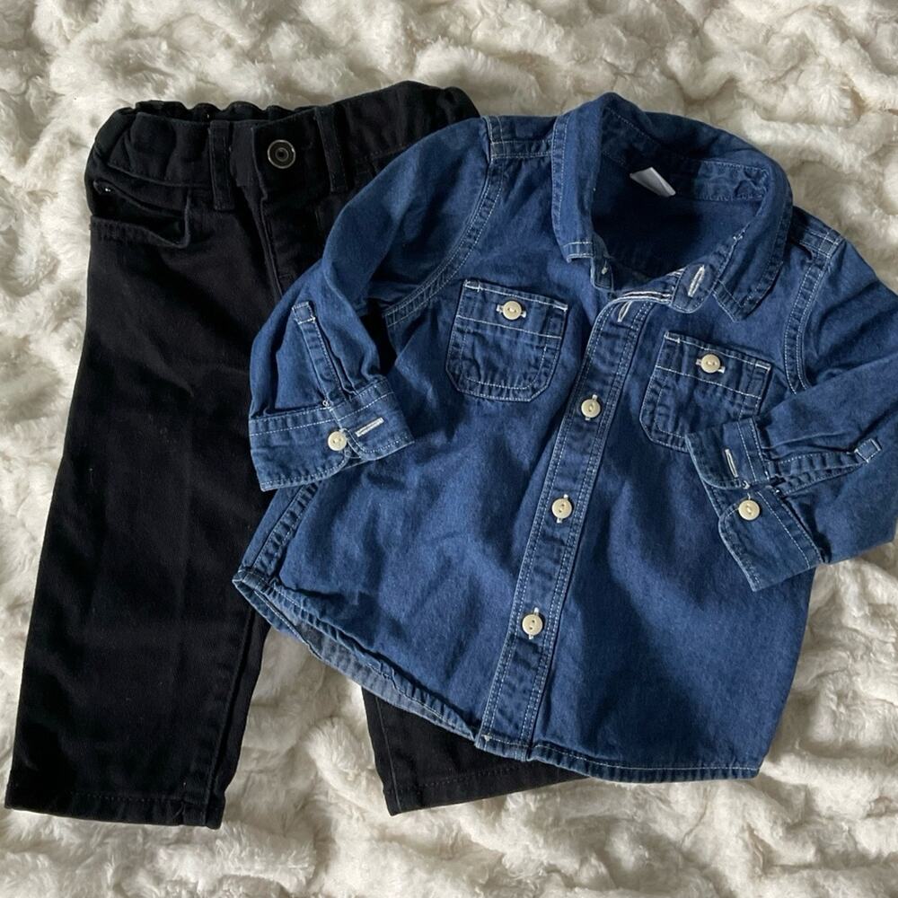 Baby boy, 6 to 12 month denim button down and black jeans